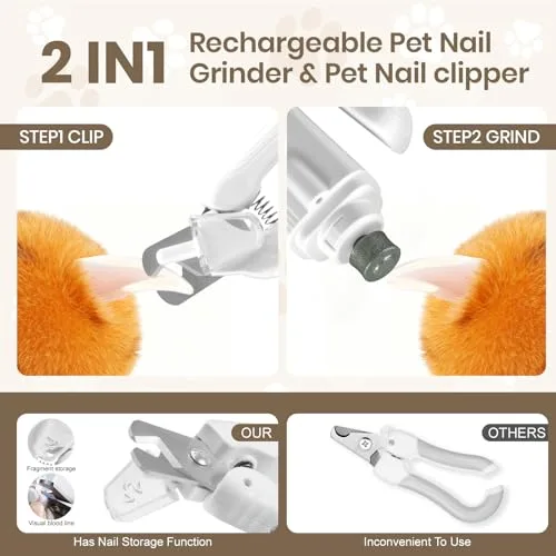 2-in-1 Dog Nail Clipper and Grinder with LED Light, USB Rechargeable Quiet Electric Pet Nail Trimmer for Dogs Cats with Safety Guard