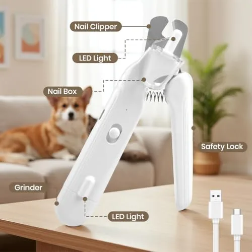 2-in-1 Dog Nail Clipper and Grinder with LED Light, USB Rechargeable Quiet Electric Pet Nail Trimmer for Dogs Cats with Safety Guard