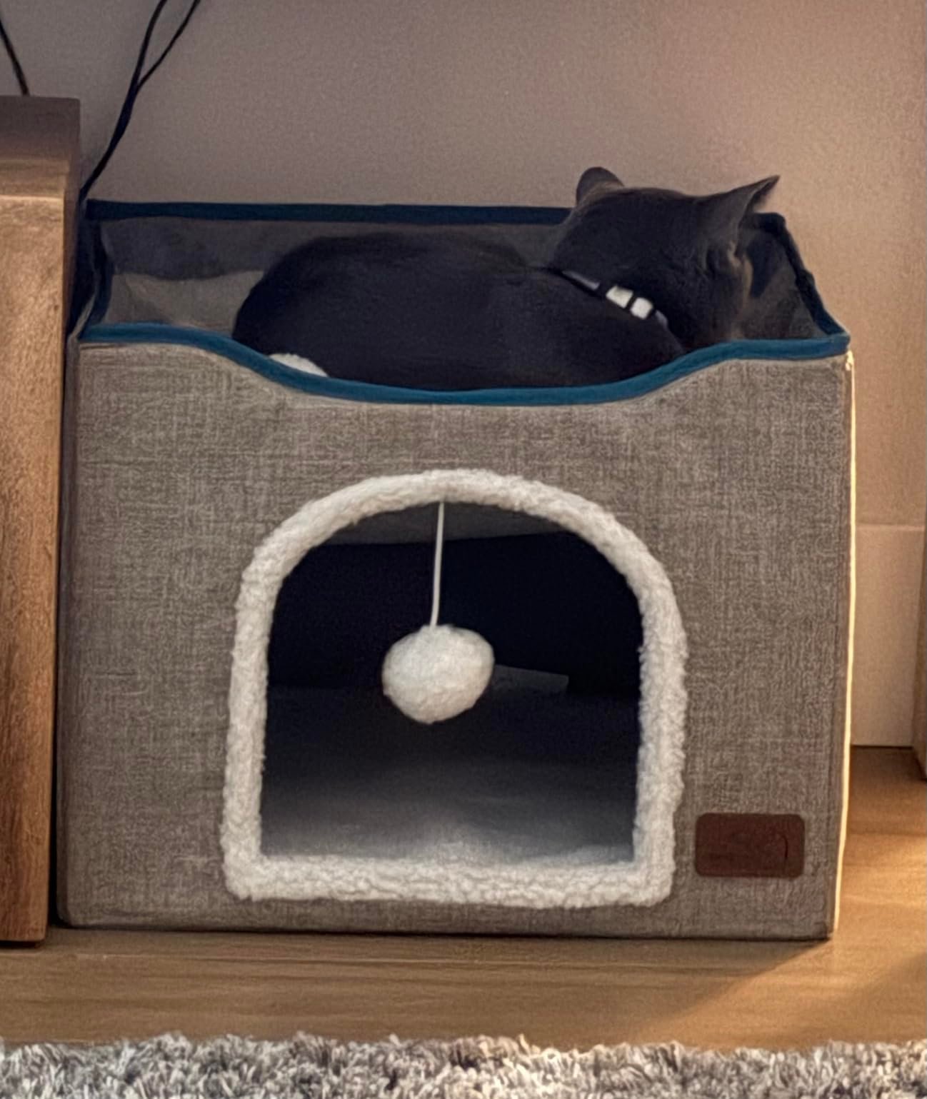 The cat bed blending seamlessly into a stylish, tidy living room