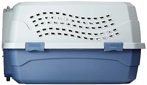 The carrier secured in the back seat of a car with a seatbelt.