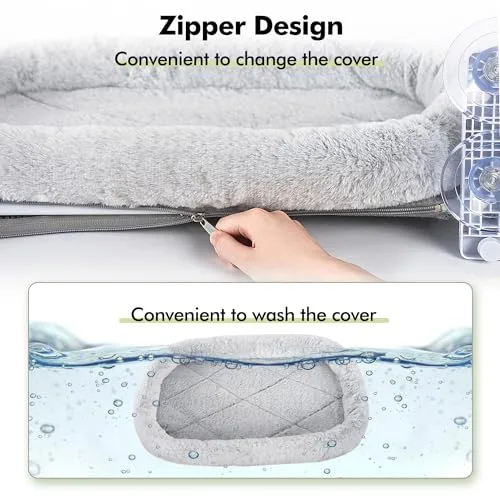 Demonstration of the foldable feature: the perch is flipped up vertically against the window, allowing blinds to be closed behind it.