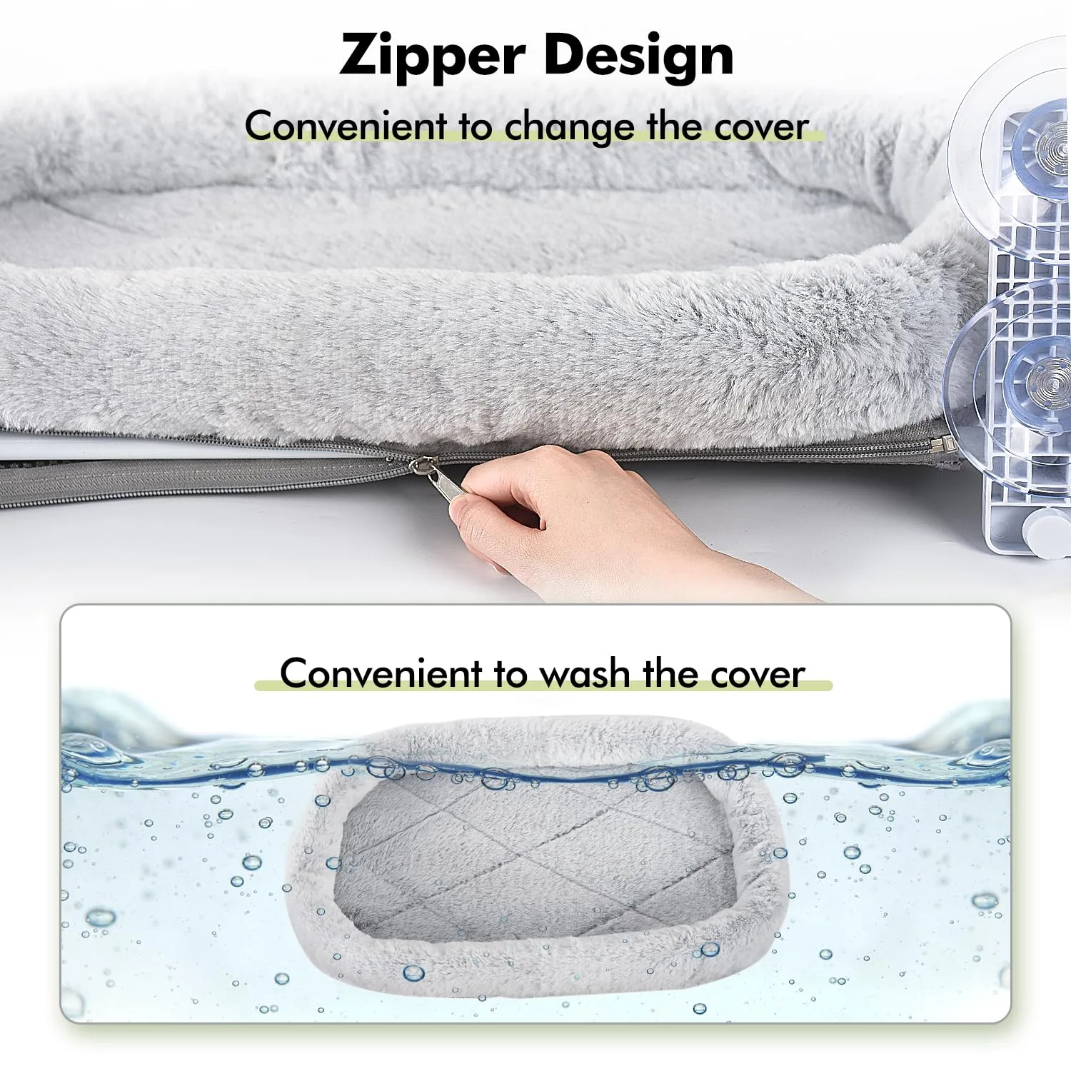 The two removable fabric covers: the fluffy winter pad and the breathable summer mesh.