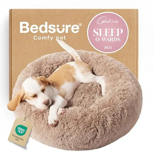 Bedsure Calming Dog Bed for Small Dogs - Donut Washable Small Puppy Bed, 23 inches Anti-Slip Round Fluffy Plush Faux Fur Large Cat Bed, Fits up to 25 lbs Pets, Camel