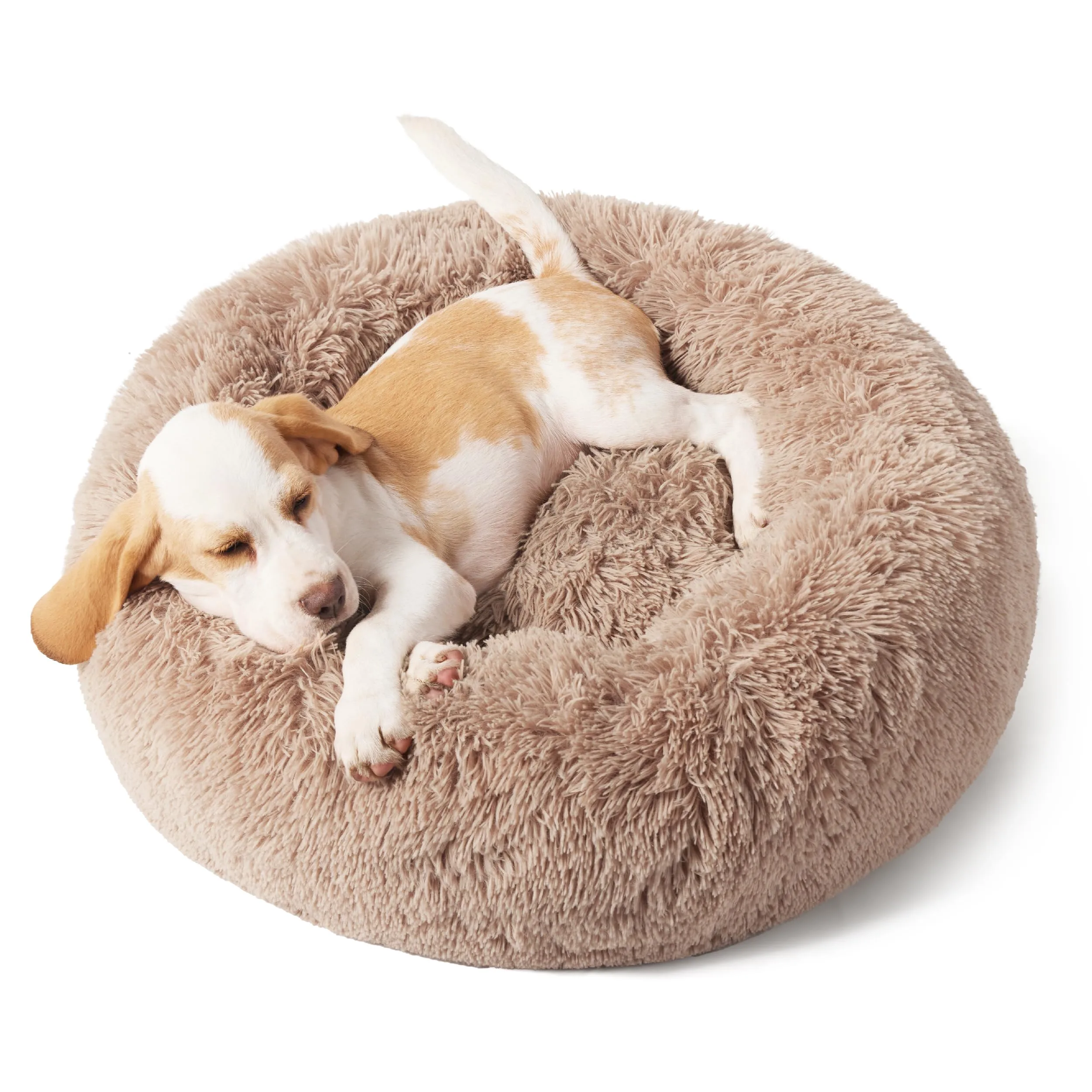 Bedsure Calming Dog Bed for Small Dogs - Donut Washable Small Puppy Bed, 23 inches Anti-Slip Round Fluffy Plush Faux Fur Large Cat Bed, Fits up to 25 lbs Pets, Camel