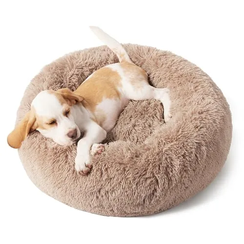Bedsure Calming Dog Bed for Small Dogs - Donut Washable Small Puppy Bed, 23 inches Anti-Slip Round Fluffy Plush Faux Fur Large Cat Bed, Fits up to 25 lbs Pets, Camel