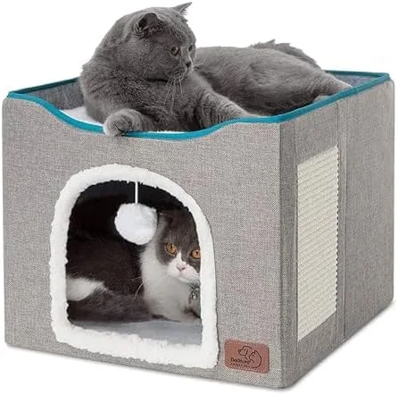 Bedsure Cat Beds for Indoor Cats - Large Cat Cave for Pet Cat House with Fluffy Ball Hanging and Scratch Pad, Foldable Cat Hideaway, 16.5x16.5x13 inches, Grey