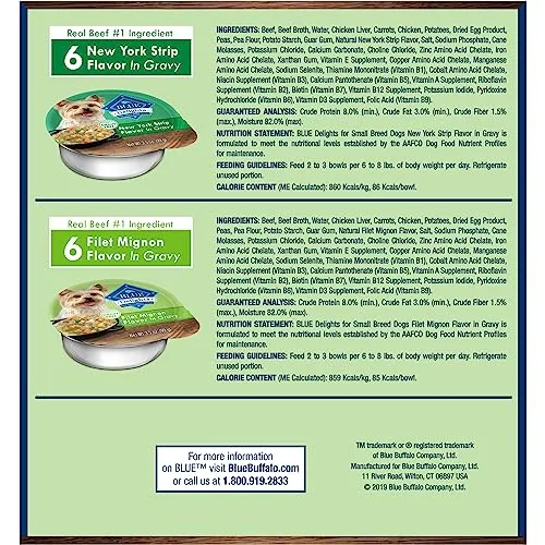 Blue Buffalo Delights Natural Adult Small Breed Wet Dog Food, Variety Pack, Made with Natural Ingredients, Filet Mignon & New York Strip Recipe in Hearty Gravy, 3.5-oz. Cups (12 Count, 6 of Each)