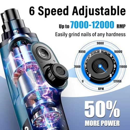 Casfuy Smart 6-Speed Dog Nail Grinder - 50% More Power Pet Nail Grinder with 2 LED Lights Quiet Rechargeable Electric Dog Nail Trimmers File Toenail Grinder for Large Medium Small Dogs & Cats (DB)