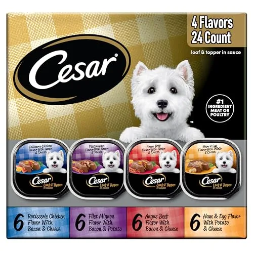 Cesar Loaf in Sauce Wet Dog Food Rotisserie Chicken, Filet Mignon, Angus Beef, and Ham & Egg Flavors Variety Pack, 3.5 oz. Easy Peel Trays (24 Count, Pack of 1)