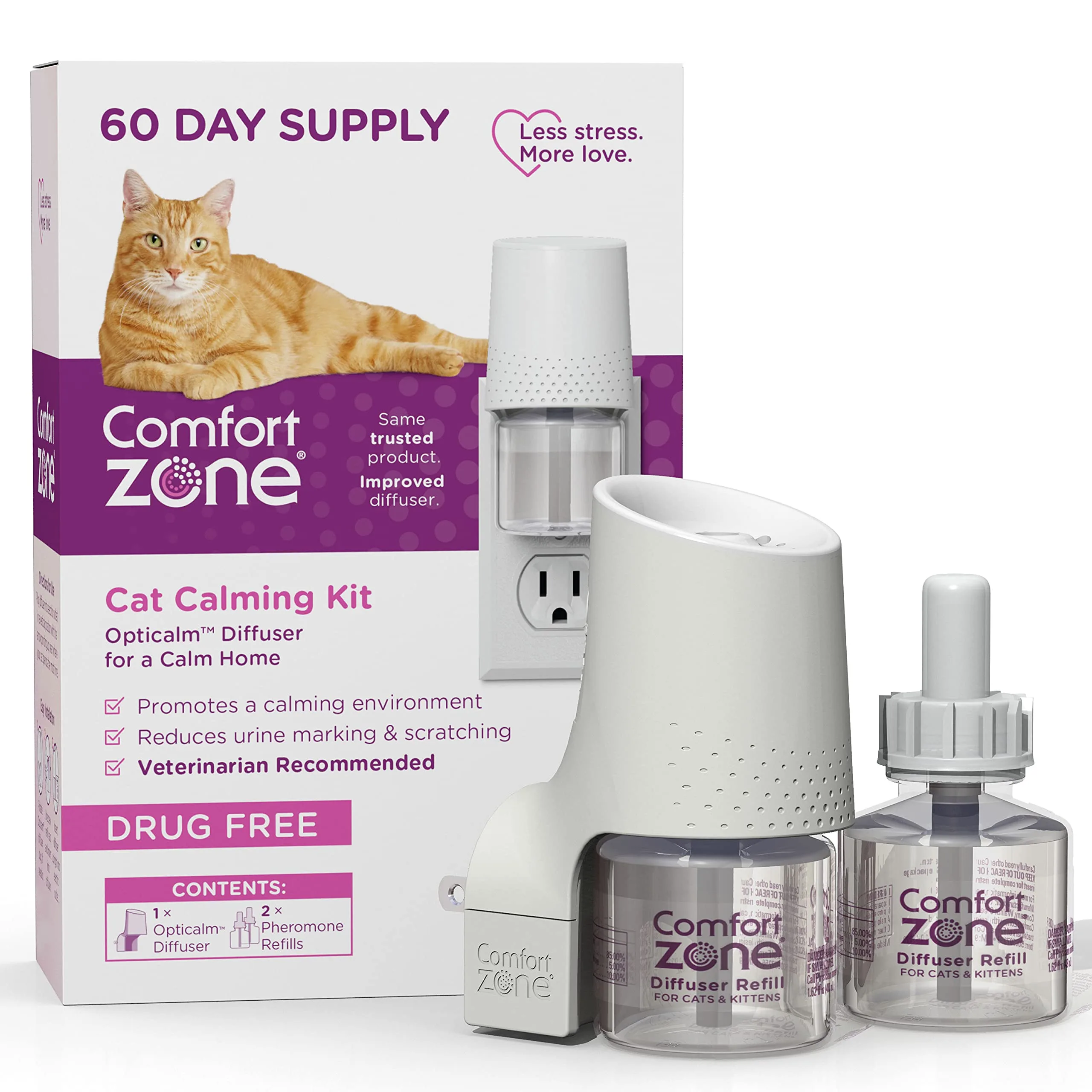 The complete Comfort Zone 60-Day Starter Kit box with diffuser and two refills, photographed on a modern living room table with soft focus background.