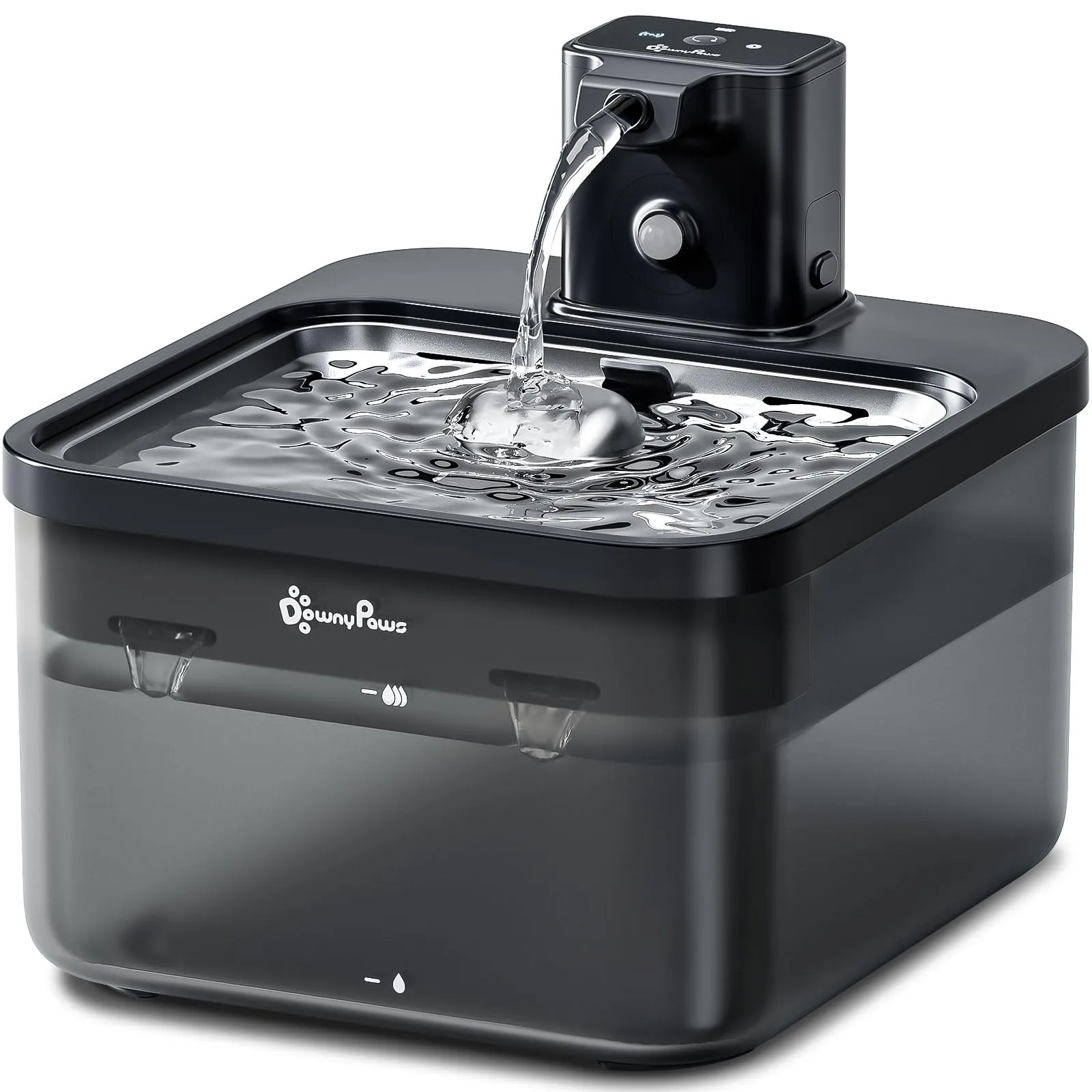 The DownyPaws Cordless Fountain on a wooden floor, showcasing its modern stainless steel top and black base, cord-free.