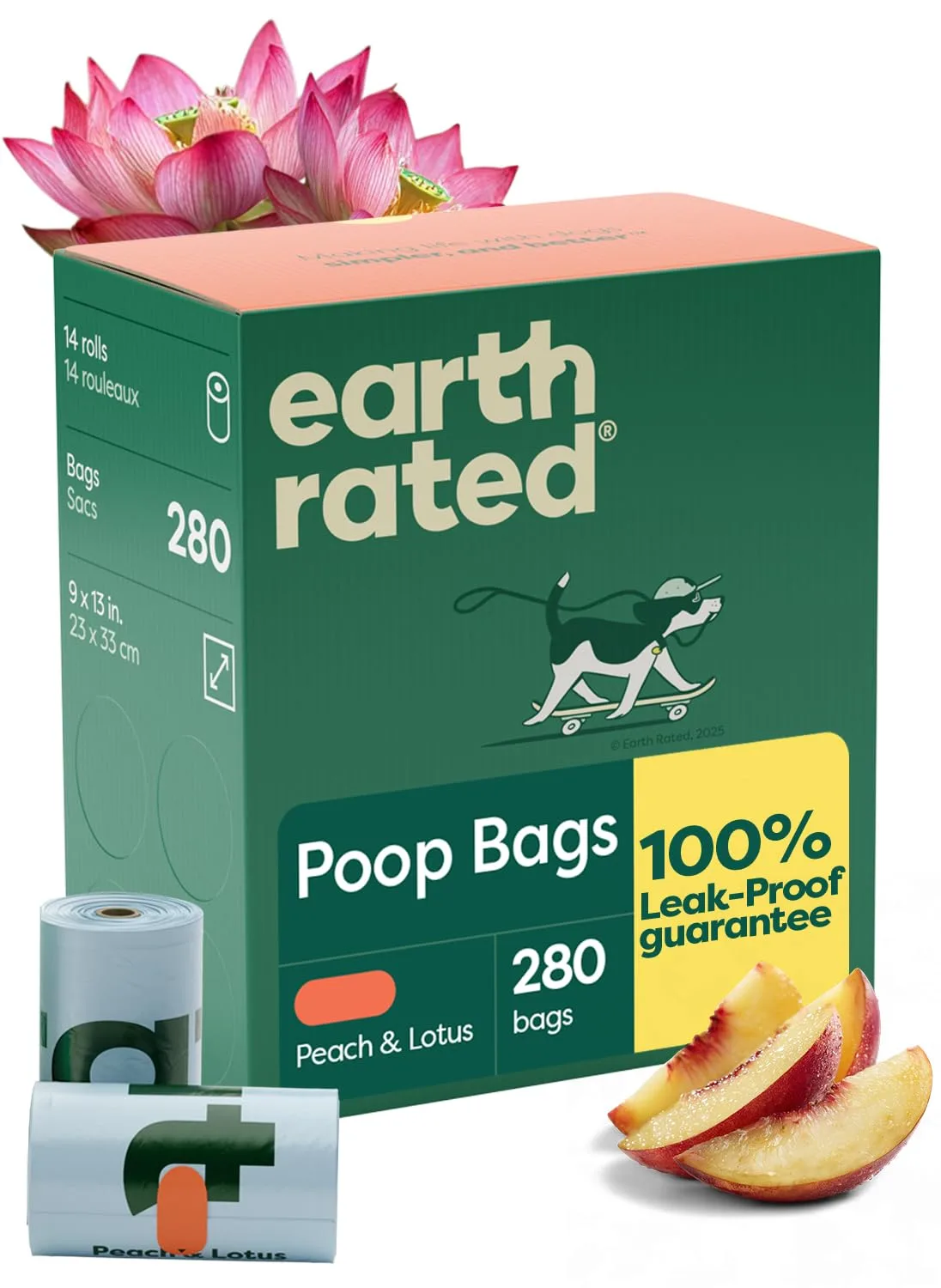Earth Rated Poop Bags for Dogs, Guaranteed Leak Proof and Extra Thick Waste Bag Refill Rolls, Peach and Lotus, 280 Count
