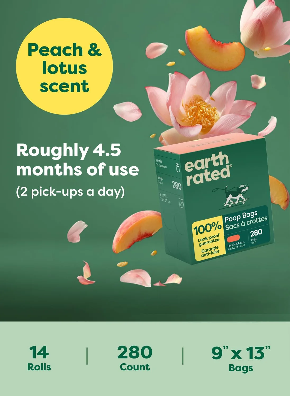 Earth Rated Poop Bags for Dogs, Guaranteed Leak Proof and Extra Thick Waste Bag Refill Rolls, Peach and Lotus, 280 Count