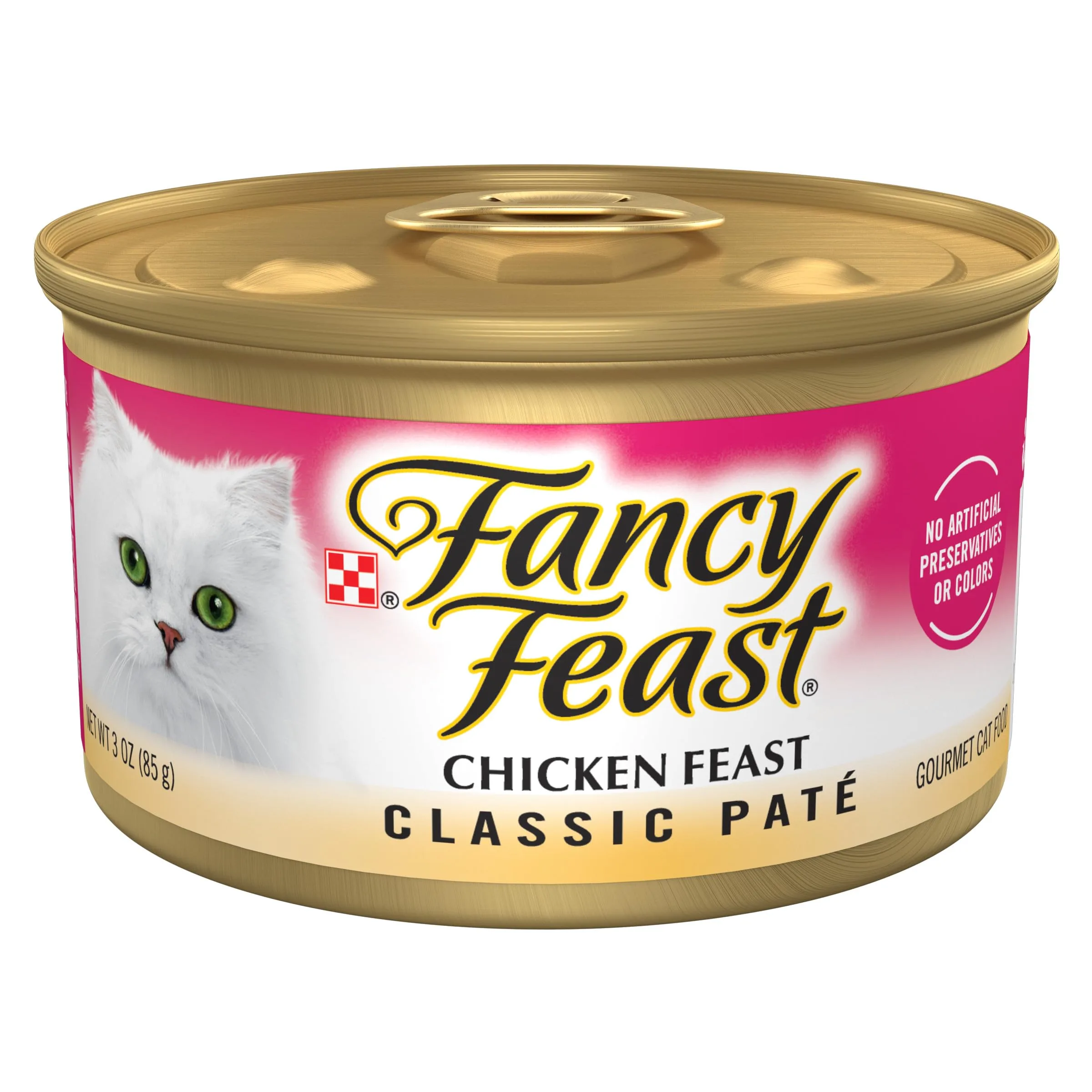A stack of Fancy Feast Classic Chicken Pate cans showing the iconic black and gold label design.