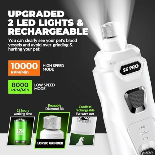 Dog Nail Grinder with 2 LED Lights Powerful 2 Speeds Super Quiet Dog Nail Trimmers with 3 Grinding Wheels Rechargeable Pet Dog Nail Clippers for Large Medium Puppy Dogs Dog Nail File Cat Nail Clipper