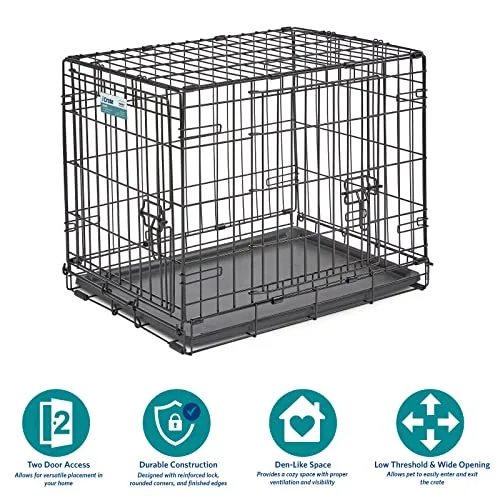 MidWest Homes for Pets 24-Inch Two-Door iCrate Folding Dog Crate with Divider Panel, Leak-Proof Tray & Secure Latches – Metal Wire Kennel for Small Breeds – Portable, Durable & Easy to Assemble