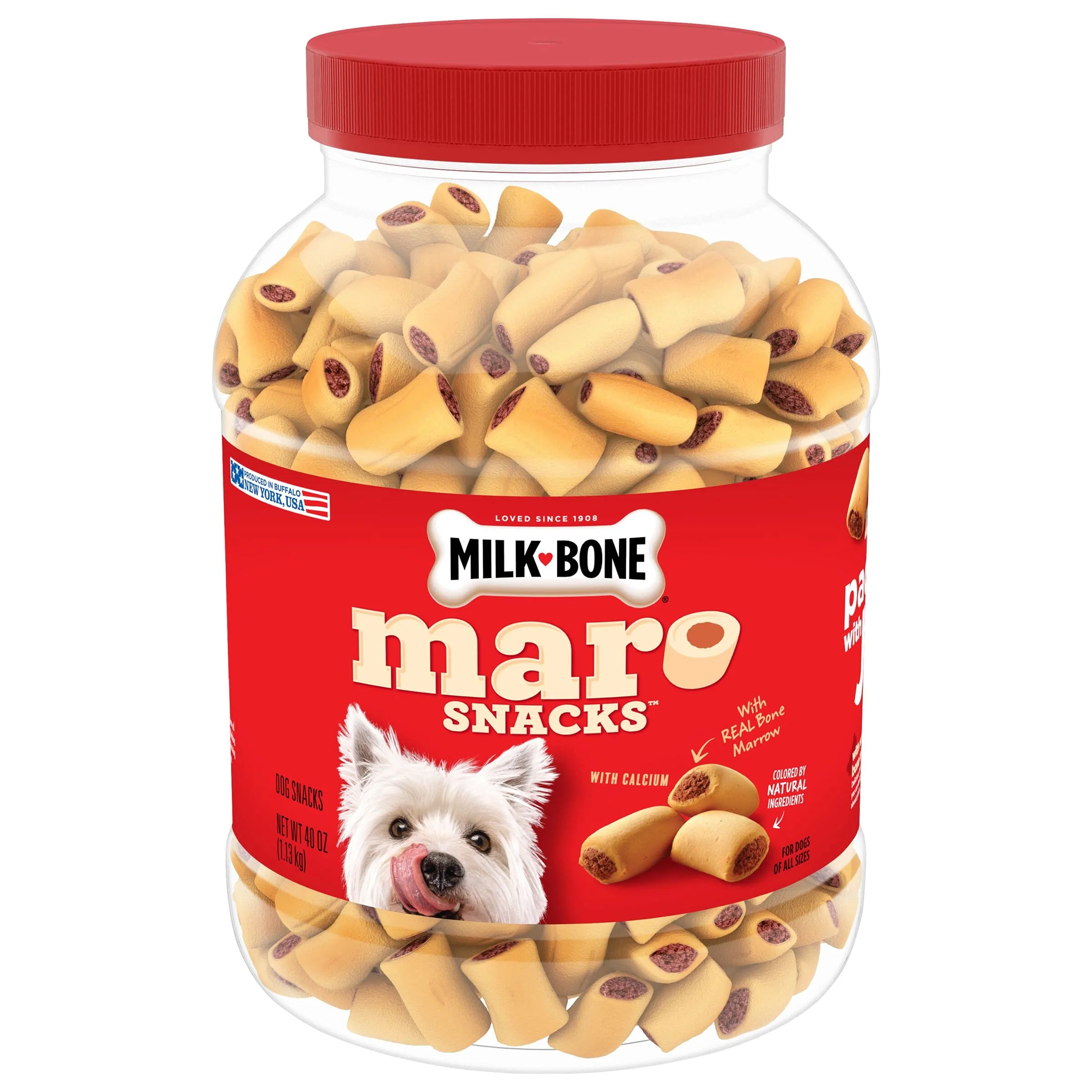 The large, white plastic jar of Milk-Bone MaroSnacks sitting on a kitchen counter next to a dog's water bowl, lid off.