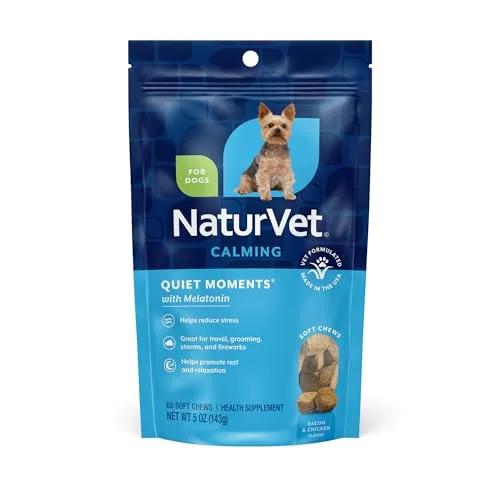 NaturVet Quiet Moments Calming Dog Supplement, Dog Soft Chews with Melatonin to Help Reduce Stress from Storms, The Vet, Fireworks, and Travel, Bacon and Chicken Flavored Pet Supplement, 65 Count