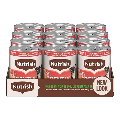 Nutrish Gentle Digestion Premium Paté Wet Dog Food, Real Chicken, Pumpkin & Salmon Recipe, 13 oz. Can, 12 Count (Rachael Ray)