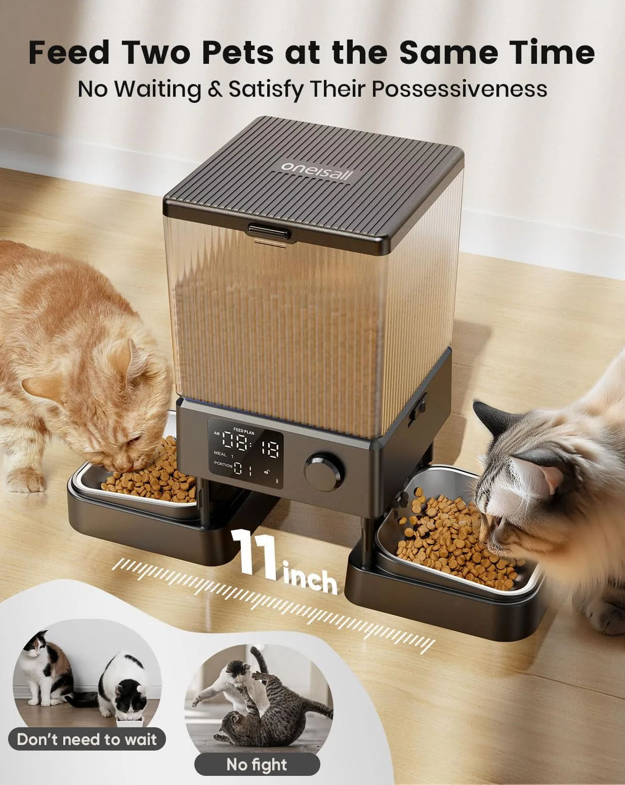 The oneisall Automatic Cat Feeder for 2 Cats in a modern kitchen setting. The white unit dispenses food into two separate stainless steel bowls placed 11 inches apart.