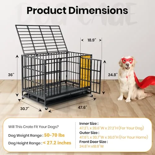 Oranland 48 inch Heavy Duty Indestructible Dog Crate,2025 New Upgraded Reinforced Baseplate for Large Dogs,XL Dog Crate for High Anxiety Dogs/Max Load Capacity 250lbs/Double Door with Wheels
