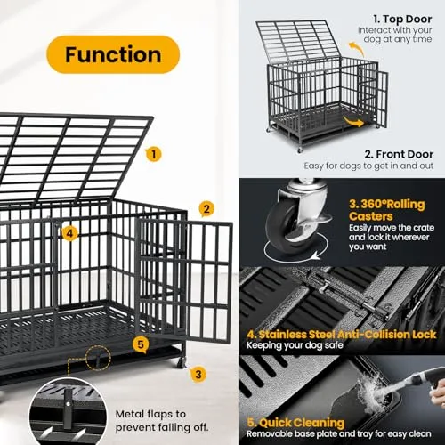 Oranland 48 inch Heavy Duty Indestructible Dog Crate,2025 New Upgraded Reinforced Baseplate for Large Dogs,XL Dog Crate for High Anxiety Dogs/Max Load Capacity 250lbs/Double Door with Wheels