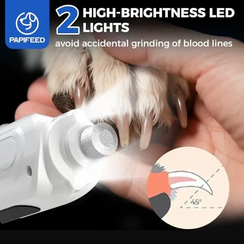 PAPIFEED High Torque Dog Nail Grinder Quiet - 6-Speed Adjustable Dog Nail Trimmers with 2 LED Lights & Dust-Proof Cover, Powerful Motor for Large/Medium/Small Dogs & Cats, Rechargeable - White