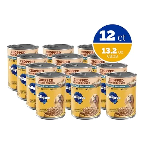 Pedigree Chopped Ground Dinner Adult Soft Wet Dog Food Chicken & Rice Dinner, 13.2 oz. Cans 12 Count