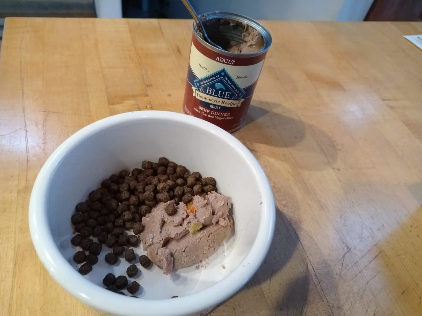 Rocket's empty, licked-clean bowl next to an opened can of Blue Buffalo