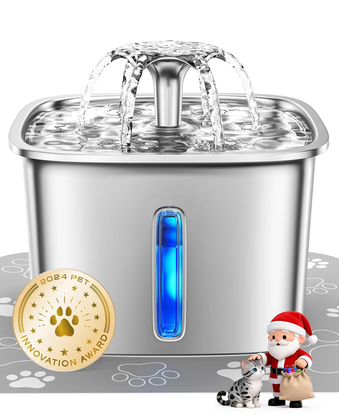 Veken stainless steel pet fountain on a kitchen floor with a dog's paw visible nearby. Water flows clearly down the stainless steel slope.