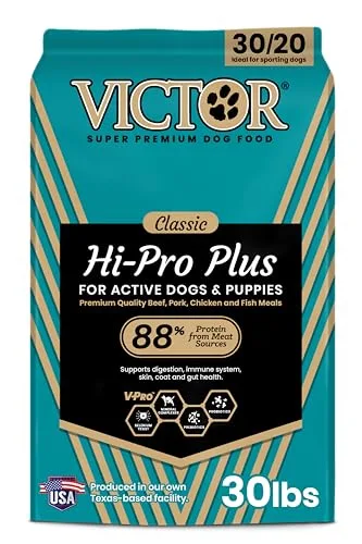 VICTOR Super Premium Dog Food – Hi-Pro Plus Dry Kibble – High Protein Dog Food with 30% Protein – Beef, Chicken, Pork, Fish Meals, Gluten Free - for High Energy and Active Dogs & Puppies, 30lbs