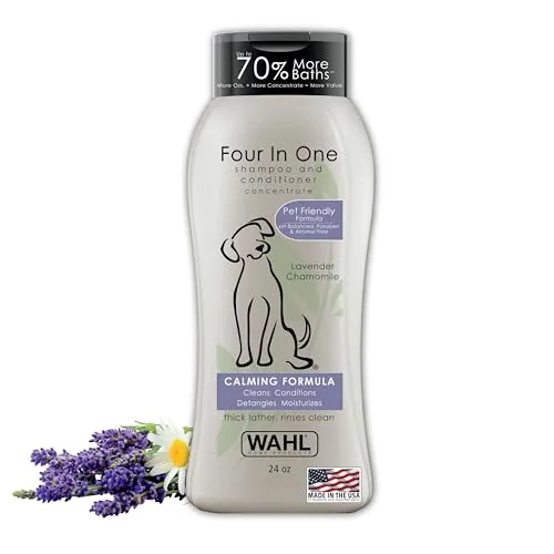 Wahl USA 4-in-1 Calming Dog Shampoo with Lavender Chamomile Scent – Cleans, Conditions, Detangles, & Moisturizes - Pet Friendly Formula - 24 Oz - Model 820000A