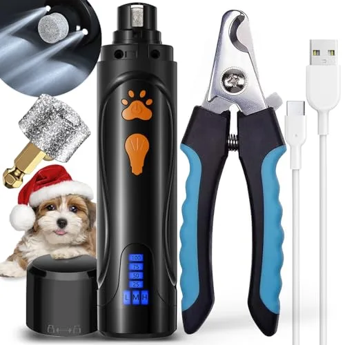 YABIFE Dog Nail Trimmers and Dog Nail Clippers Kit, Whisper Quiet Electric Grinder with Light, for Small, Medium, Large Dogs, Cats Toenail Grooming, 3 Speeds