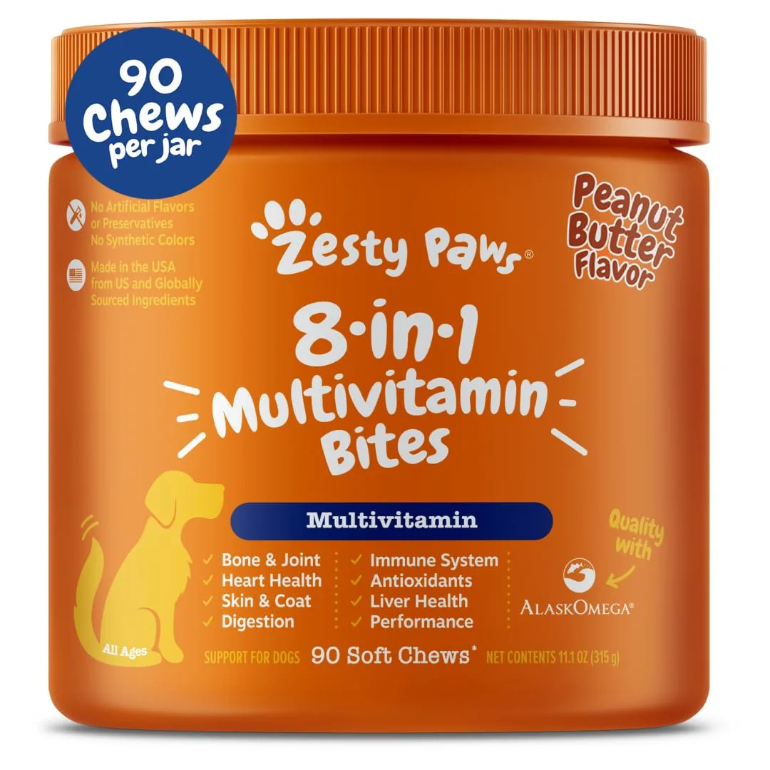 Zesty Paws Multivitamin Treats for Dogs, Glucosamine Chondroitin Joint Support + Digestive Enzymes & Probiotics, Grain Free Dog Vitamins and Supplements for Skin & Coat, Peanut Butter - 90ct