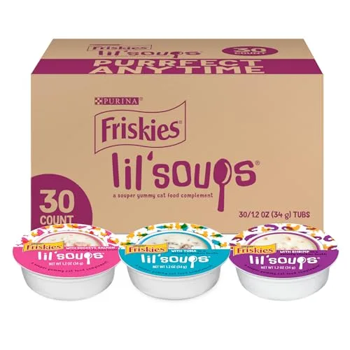 Friskies Purina Grain Free Wet Cat Food Lickable Cat Treats Variety Pack, Lil' Soups With Salmon, Tuna or Shrimp - (Pack of 30) 1.2 oz. Cups
