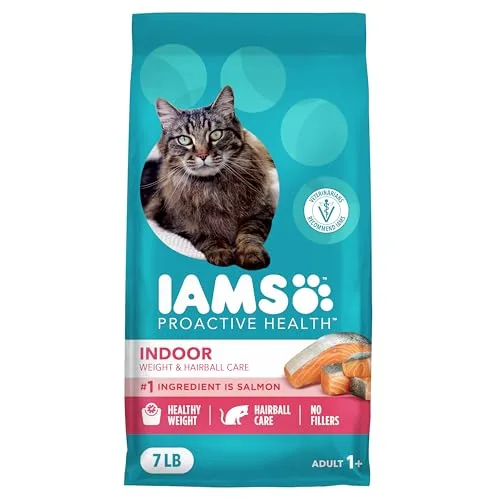 The 7 lb bag of IAMS Proactive Health Indoor Weight & Hairball Care, showing the salmon recipe label and key benefits.