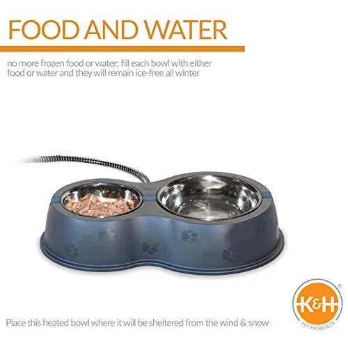 Close-up of the two stainless steel bowls removed from the K&H Thermo-Kitty Café base, showing their depth and polished finish.