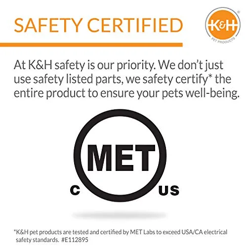 Detail shot highlighting the safety certifications and sealed construction of the K&H Thermo-Kitty Café base.