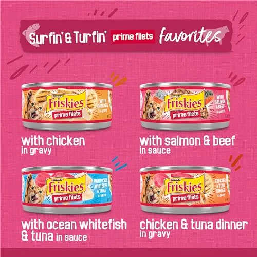 Purina Friskies Gravy Wet Cat Food Variety Pack, Surfin’ and Turfin’ Prime Filets Favorites - (Pack of 40) 5.5 oz. Cans