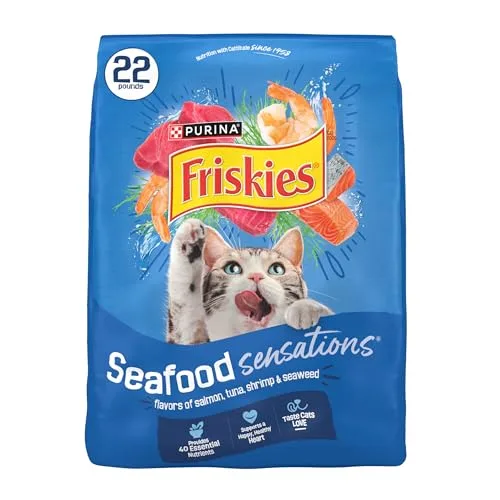 The 22-pound Purina Friskies Seafood Sensations bag with measured kibble portions, demonstrating the volume-to-cost ratio of bulk feeding.
