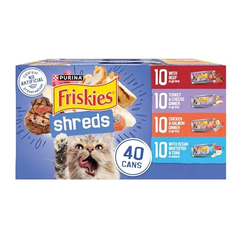 Figure 1: The Purina Friskies Shreds 40-count bulk pack upon arrival, showing the double-tray, shrink-wrapped packaging and scale for weight reference (14.8 lbs).