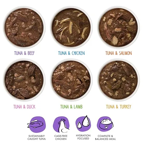 A close-up view of a Weruva food pouch's ingredient list and nutrition facts, highlighting the real meat components.
