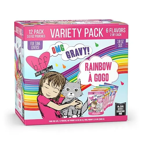 A box of Weruva B.F.F. OMG cat food pouches, showcasing the colorful Rainbow A Gogo variety pack design on a kitchen counter.